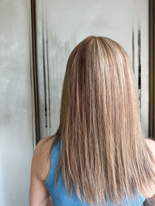 Парик с натуральных волос русый мелировка удлинённое каре с чёлкой