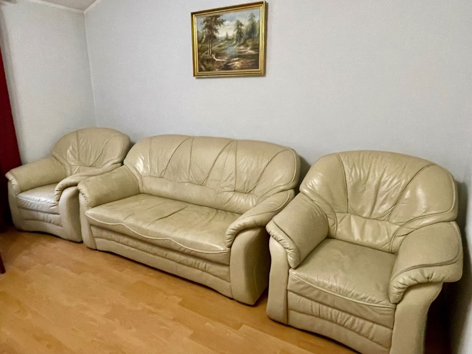 Skórzana sofa z funkcją spania i 2 fotele
