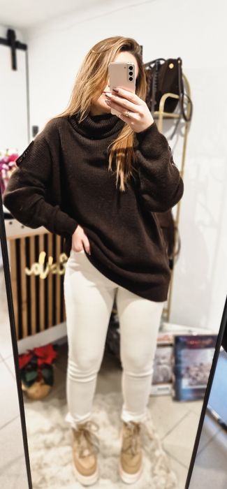 Długi czekoladowy golf sweter prazek prazkowany Varlesca chicaca XS-L