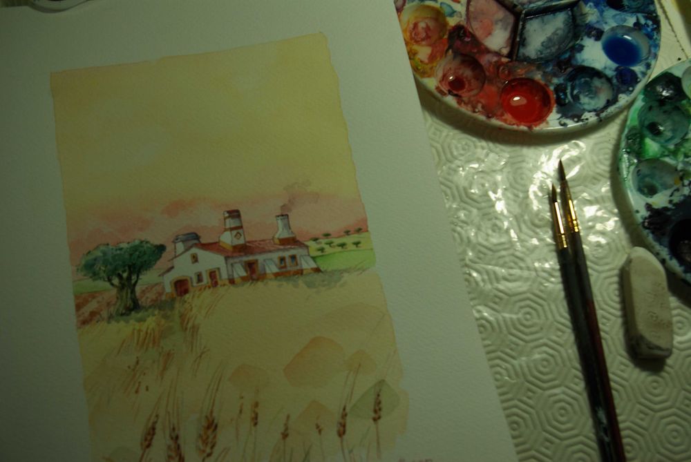 Monte Alentejano. Aguarela original de Carlos Marques