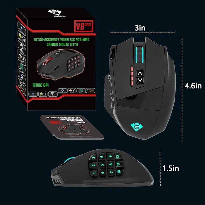 Rato de jogos sem fios sem fios Gamspeed V8 Pro RGB MMO, Sensor óptico