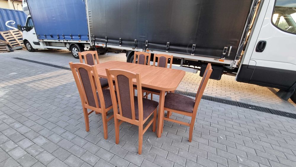 OD RĘKI , Stół rozkładany + 6 krzeseł , olcha + brąz , NOWE