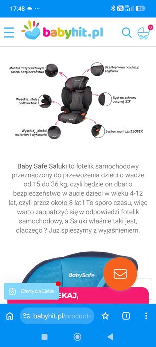Baby Safe Saluki Fotelik Samochodowy 15-36kg Grey Black