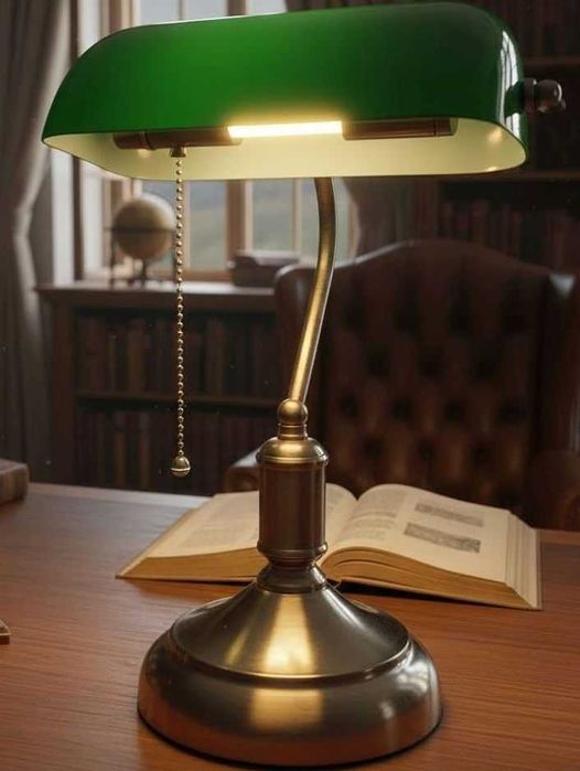 Imperial USA Bankowa Mosiężna Gabinetowa Lampa Biblioteczna Metal Szkł
