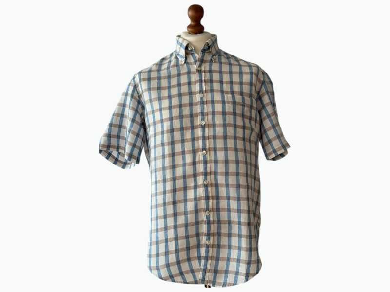 Lniana koszula Gant w kratkę, 100% len, beżowo-niebieska, L