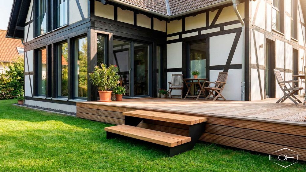 Estrutura metálica "PORTY" de 2 degraus para escada exterior em 1 hora