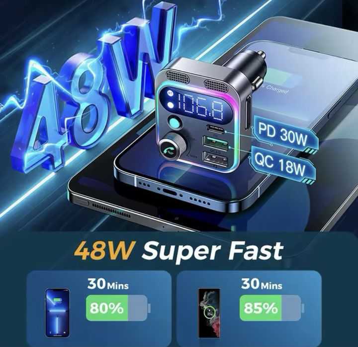 Bluetooth 5.3 FM-передавач 4USB автомобільний зарядний пристрій