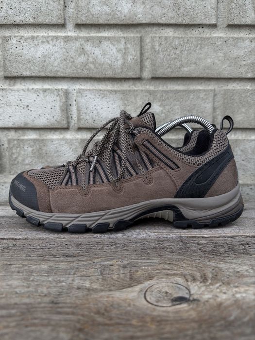 Brązowe, szare, skórzane buty trekkingowe Meindl Balancing, rozmiar 44