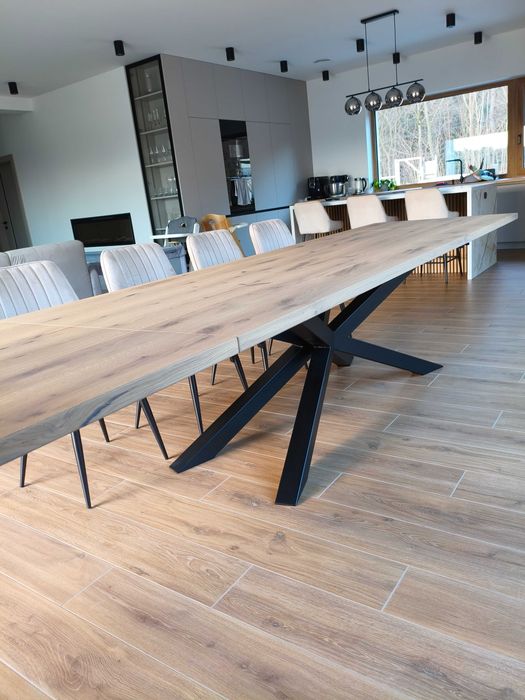 Stół rozkładany pod wymiar dębowy Metalowy stelaż X producent 200-300 350-450 cm dla 20 osob pająk szufladowy system rozkładania