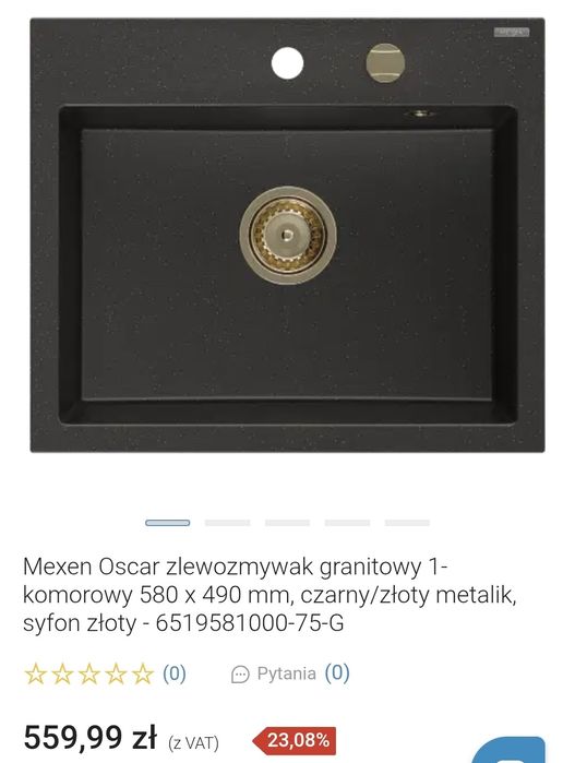 Nowy zlewozmywak granitowy 1-komorowy 580 x 490 mm, czarny/złot/mexen