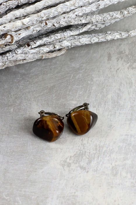 Klipsy tygrysie oko kamień vintage retro prl biżuteria