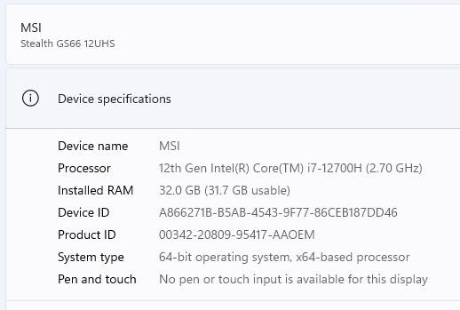 Portátil MSI 15.6" Stealth GS66 12UHS