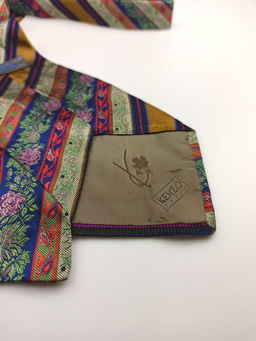 Ken brązowy niebieski jedwabny krawat w paski kwiaty mpi113