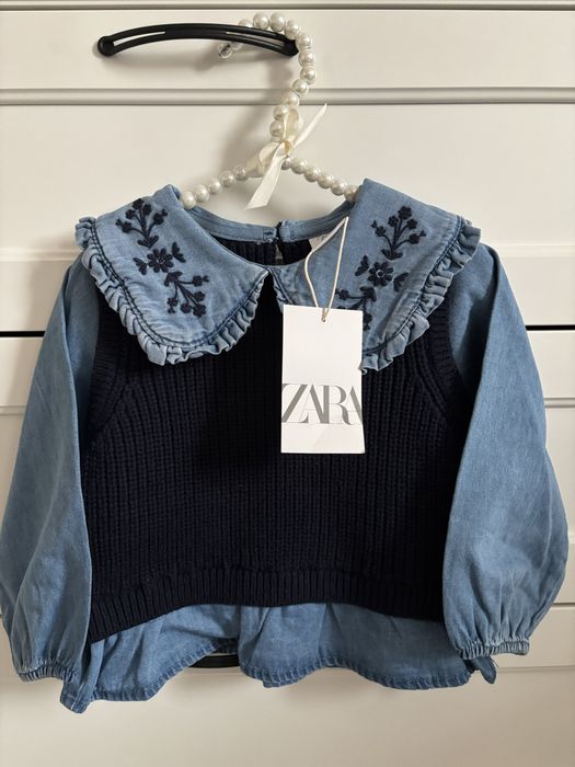 Sweterek z dzianinową kamizelką i kołnierzykiem r.92 Zara