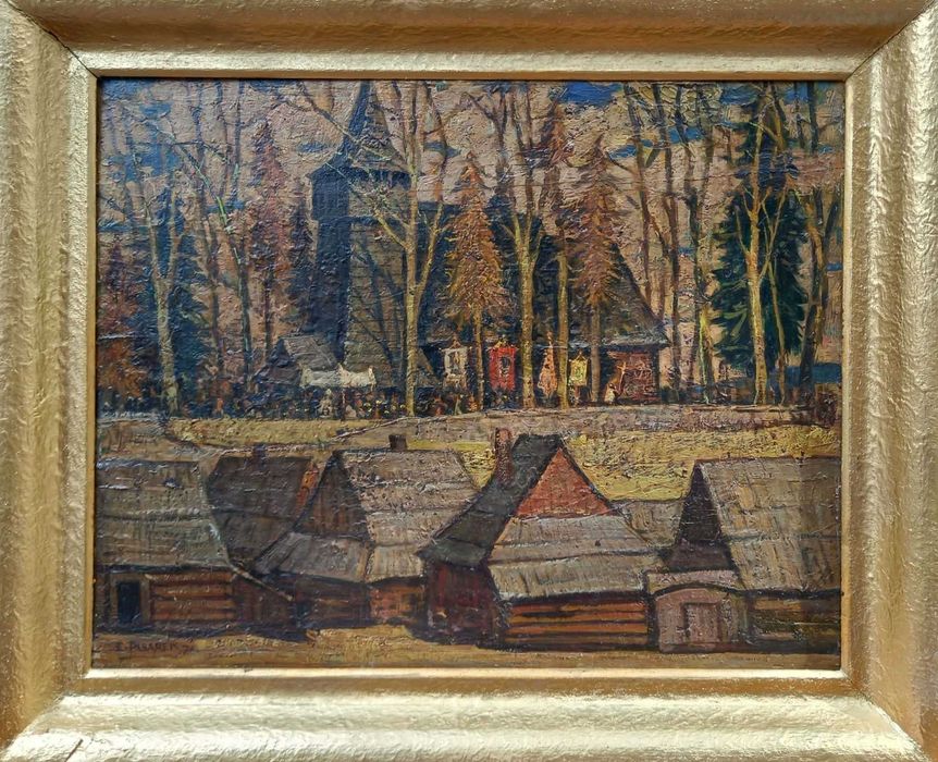 Eugeniusz Pisarek, olej/deska, "Zabytkowy kościół w górach"