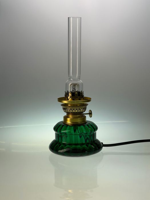 lampka stołowa Holmegaard Dagmar Mini – duńska lampa vintage, zielone szkło, Dania