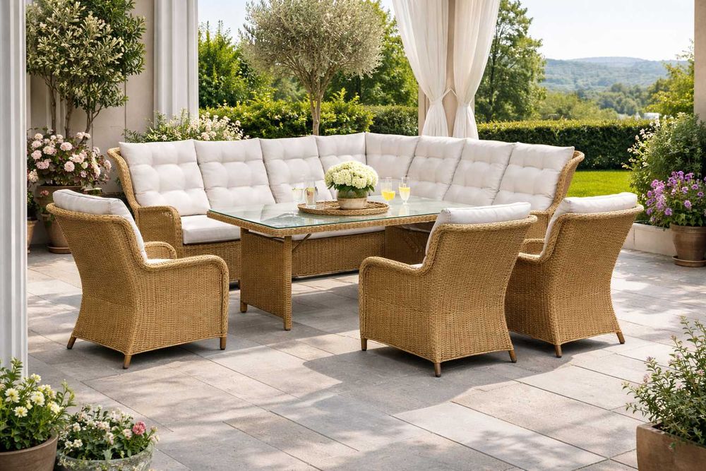 Duży Zestaw Ogrodowy Narożnik Z 3 Fotelami Beżowa Imitacja Wikliny