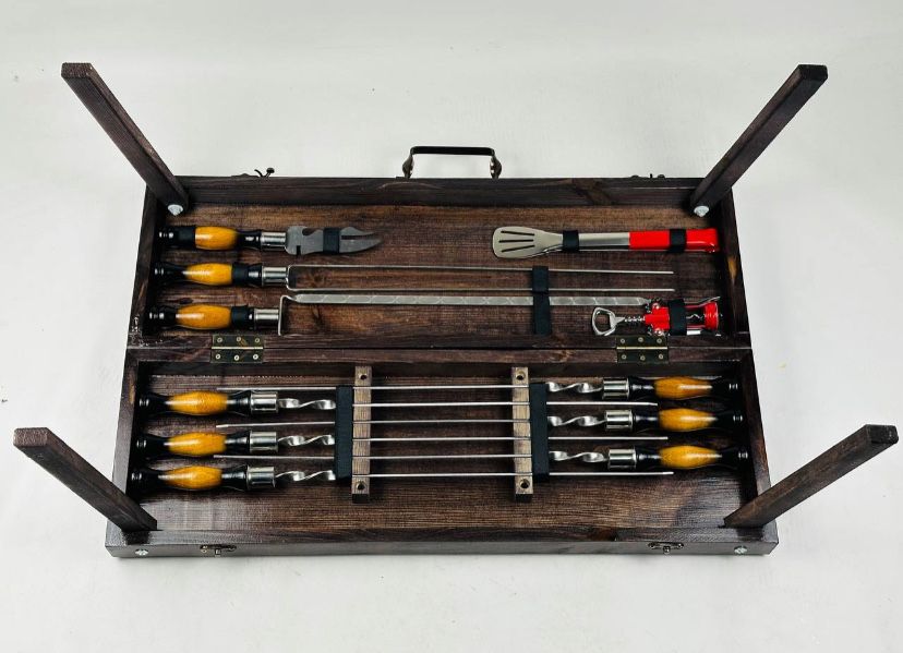 Подарочный набор шампуров в деревянном ящике009 для Барбекью BBQ