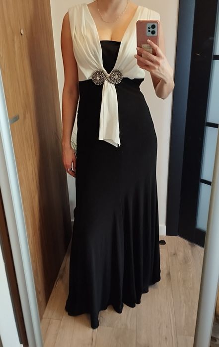 Elegancka suknia wieczorowa na wesele studniówkę imprezę 38 M czarna biała MAXI