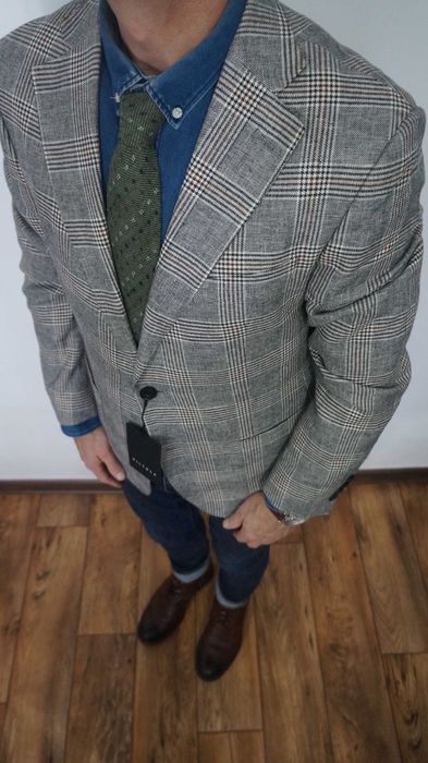 Nowa Wełniana Marynarka Vistula Super Slim 182/100 Szara Krata Wool