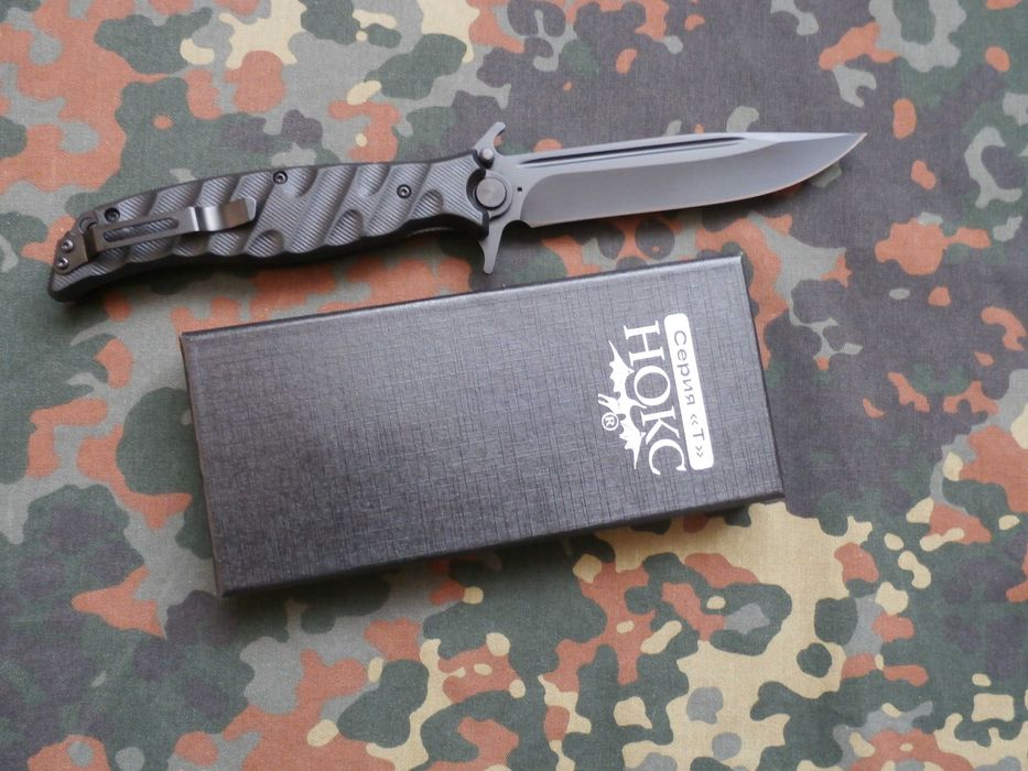 Туристичний складний викидний ніж Нокс Финка-С D2 Black 26.5см Кліпса