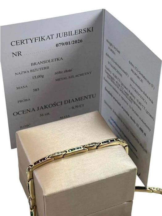 Złota bransoletka p585 segmentowa brylanty szafiry rubiny szmaragdy dł20cm
