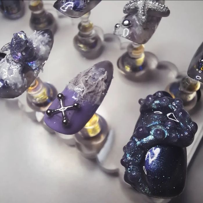 Fioletowe Morskie Tipsy Migdałki Press On Nails