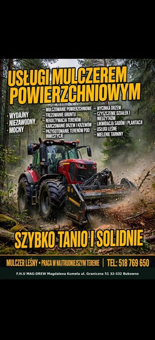Mulczowanie Usługi mulczerem leśnym powierzchniowym i wgłębnym czyszczenie działek rekultywacja wycinka drzew karczowanie