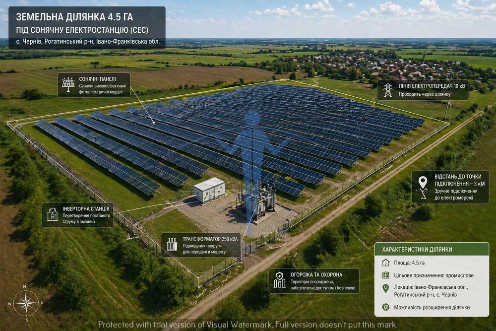 Продається промислова земельна ділянка 4.5 га. с. Чернів. Інвестиція. Сонячні панелі Бізнес