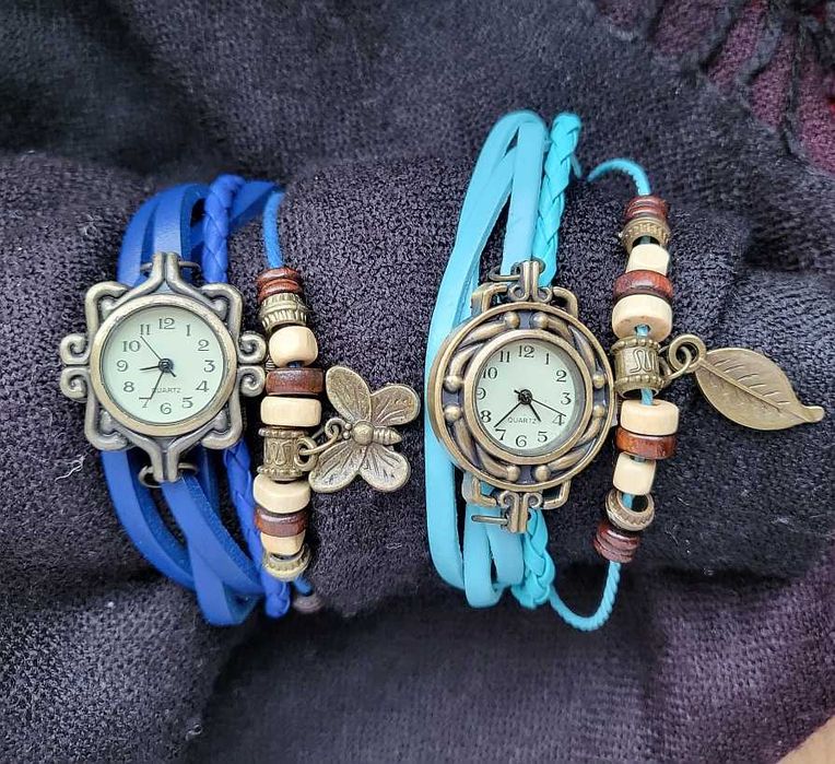 zegarek boho hippie chic niebieski chabrowy rzemyki bransoletka NOWY