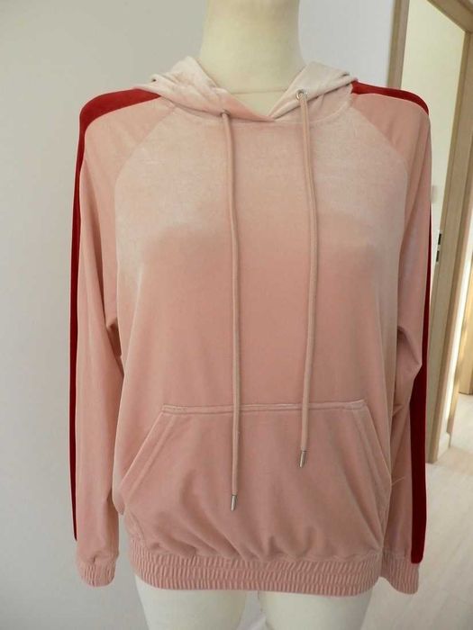 Bluza z Kapturem i Kieszenią Kangurka Welurowa Bladoróżowa S