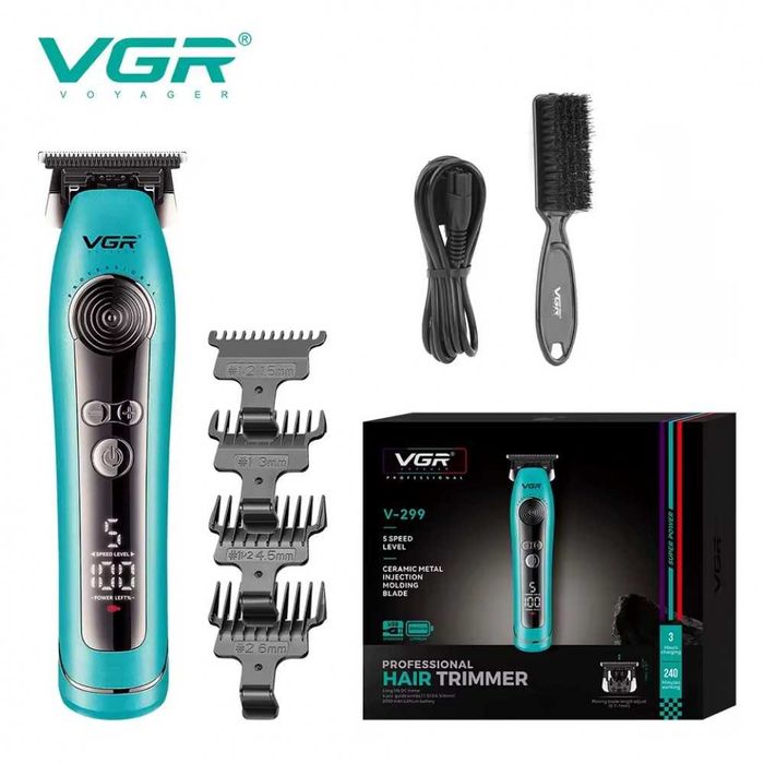 Триммер аккумуляторный VGR V-299, 4 насадки, 9000RPM, 2000 mAh, 5 уровней скорости, LED дисплей Синий
