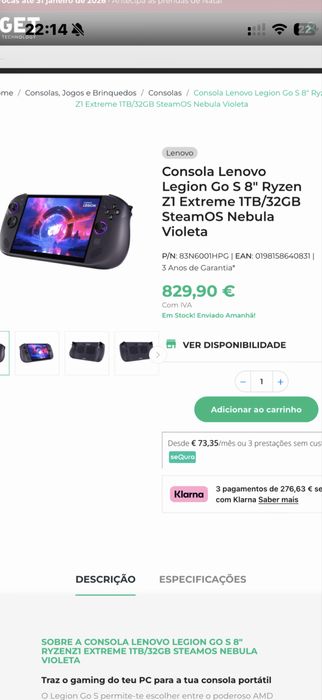 Consola Lenovo Legion Go S 8’ 1tb/32Gb Ram