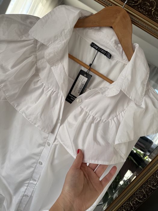 Нова біла довга сорочка/блуза/рубашка воланами ( 55%котон)