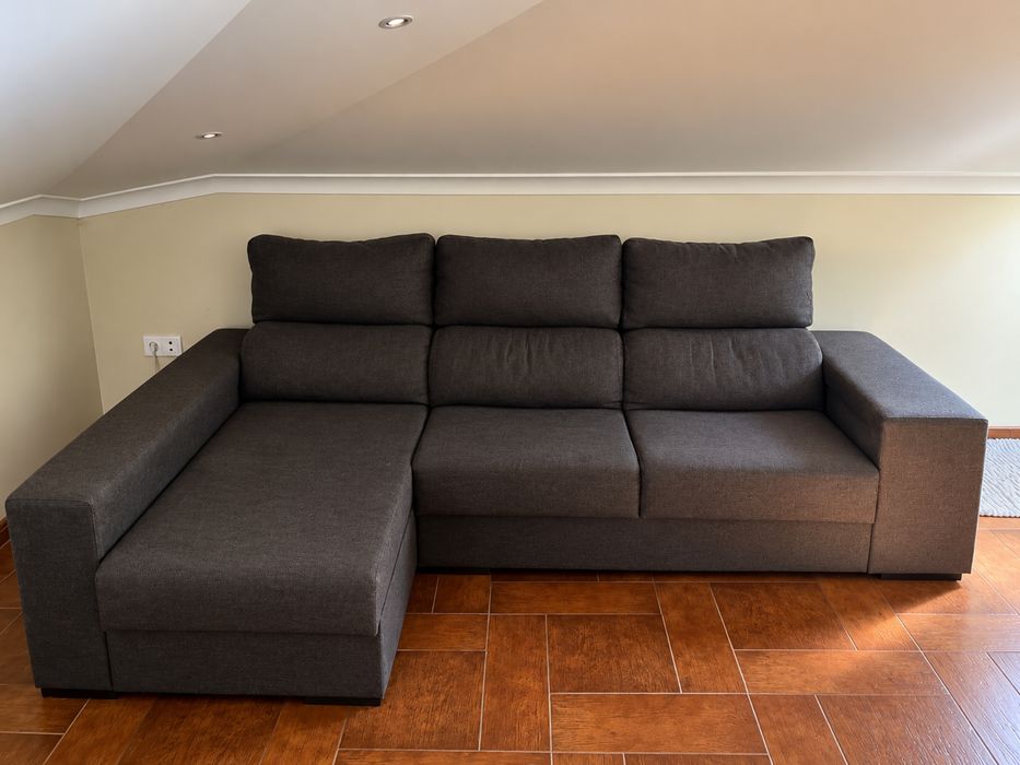 Sofá de Canto em L Cinzento com Chaise Longue