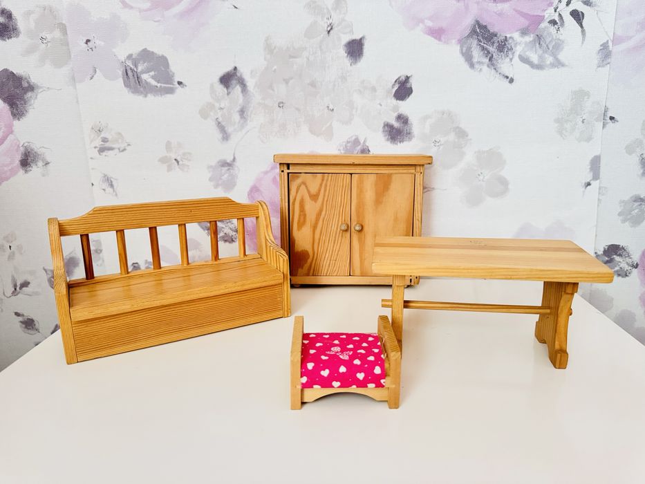 Drewniane mebelki do domku dla lalki/Maileg,szafa,stół,ławka retro