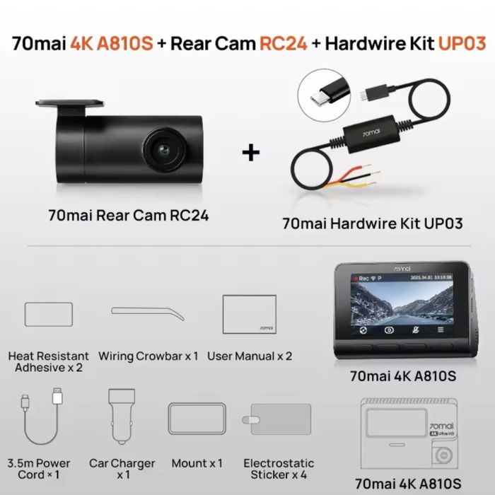 Відеореєстратор 70mai Dash Cam A810S-2 4K + 70mai Rear Cam RC24