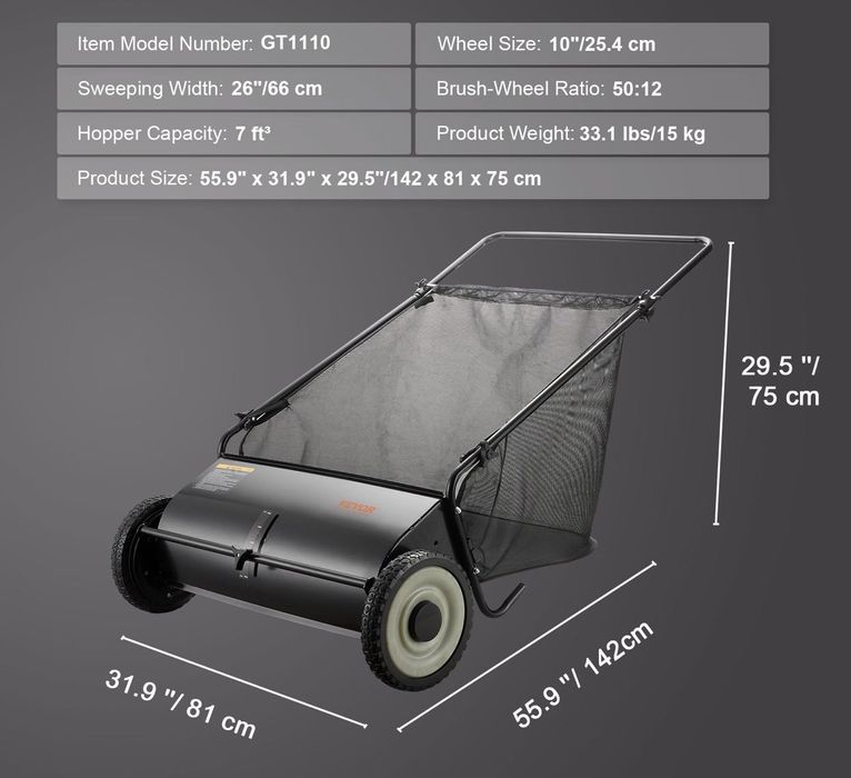 Duży ZBIERACZ LIŚCI Gałęzi Trawy 198L Ręczna Zamiatarka Bębnowa 66CM