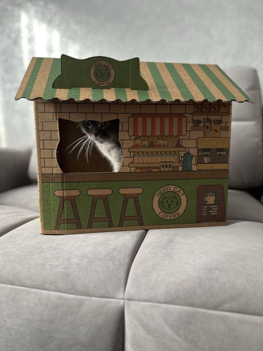 Новый домик для кота с картона( красного цвета)