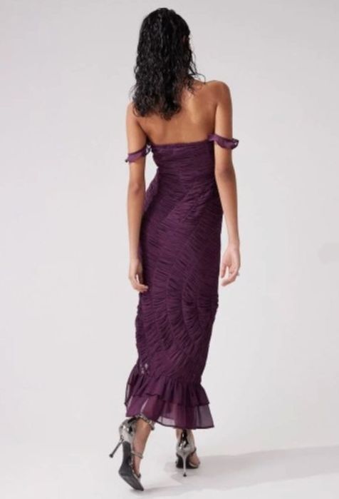 Sukienka z gorsetowa góra marszczona fioletowa midi wesele Asos M/L