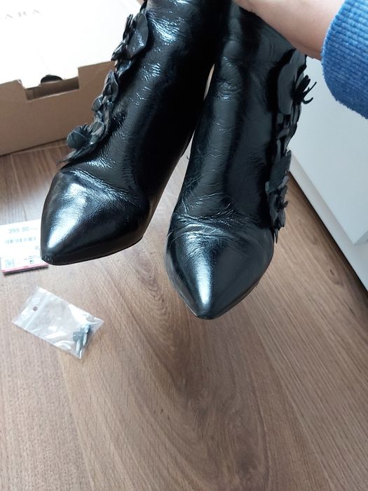 Zara botki skóra naturalna czarne z kwiatkami szpilki sexy rozmiar 38