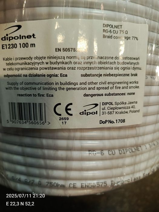 Kabel koncentryk antenowy Dipol 100m rdzeń MIEDŹ