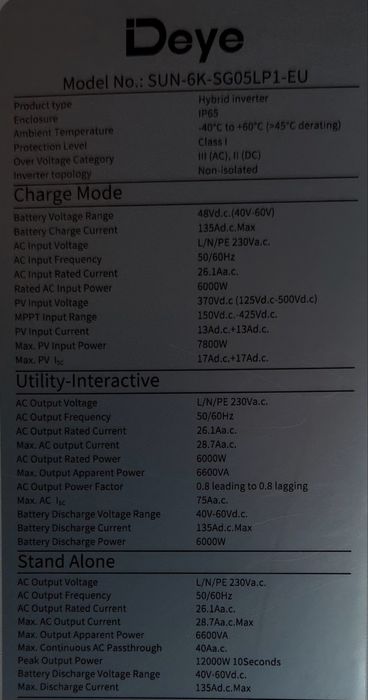 Інвертор Deye Deye SUN‑6K‑SG05LP1‑EU