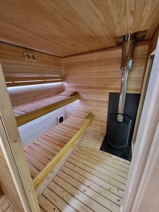 Sauna wolnostojąca ogrodowa AURORA II thermo sosna przedsionek piec opalany drewnem