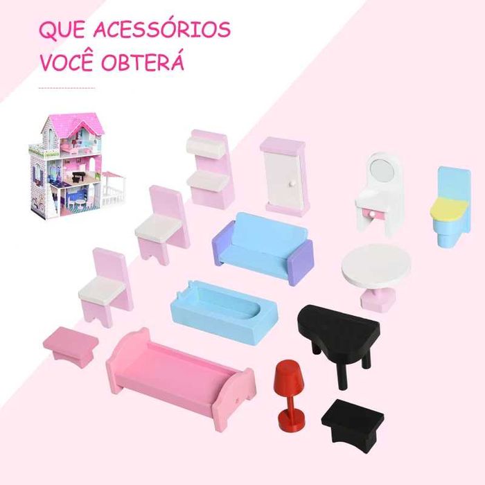 Casa de bonecas 3 andares com Pátio (inclui Mobília e acessórios)