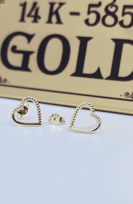 Złote kolczyki wtykane serca próba 585 14k