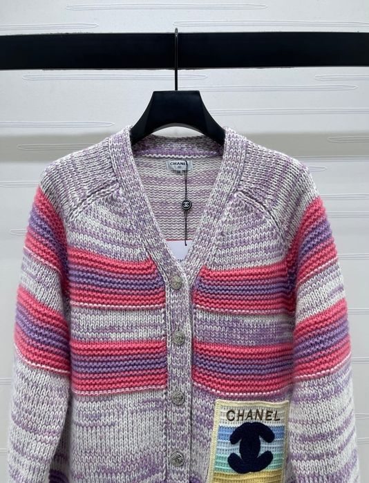 Chanel wełniany kardigan w paski z logo