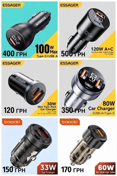 80w Швидка Автомобільна Зарядка Essager прикурювач USB+Type-C з вольиетром на 3 виходи, Toocki 33w 80w 105w 120w для телефона планшета та ноутбука