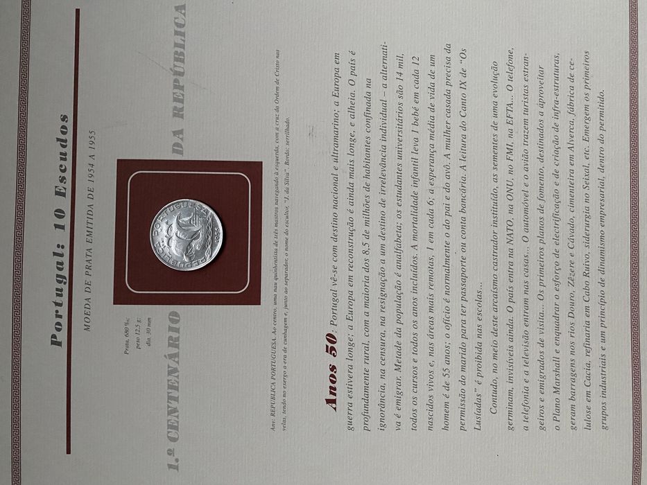 Moeda 10$00 escudos prata 1955 (SOBERBA) - REPÚBLICA PORTUGUESA