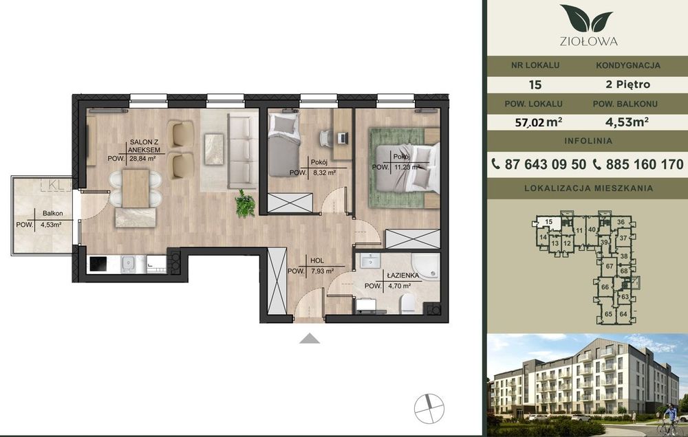 Nowe mieszkanie w Augustowie- przestronne- ul.Ziołowa 57,02 m2- M15